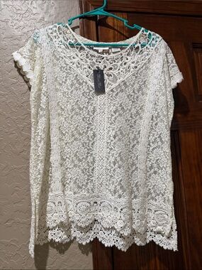 Miss Me Cream Crochet Lace Short Sleeve Top